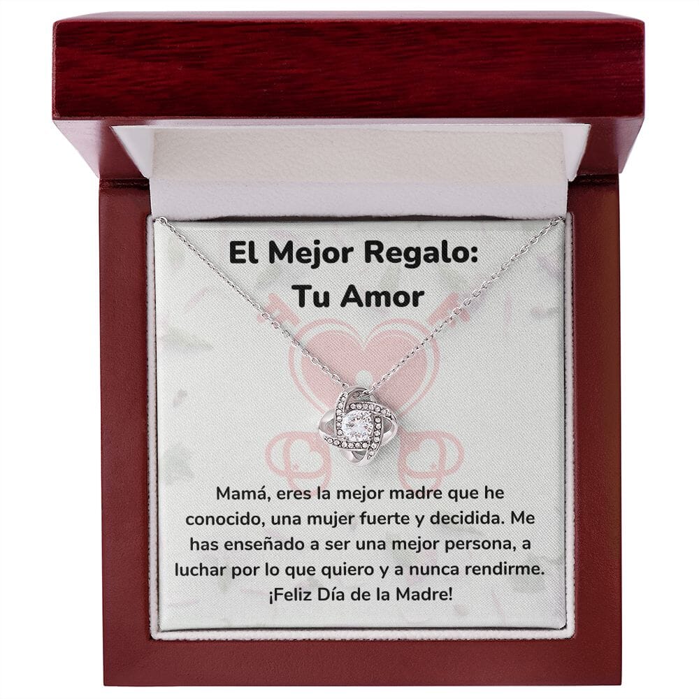 El Mejor Regalo: Tu Amor Collar Para Mamá Nudo de Amor (LoveKnot) Jewelry/LoveKnot Acabado en oro blanco de 14 k Caja de Lujo Madera Con Luz led 