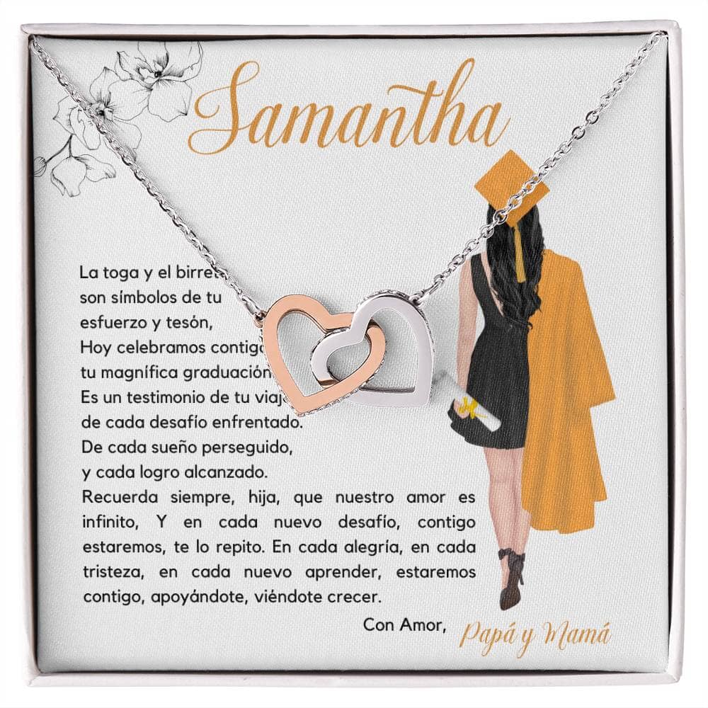 El Regalo Perfecto para Celebrar su Graduación, Collar Corazones Entrelazados con Tarjeta Personalizada Jewelry/InterlockingHearts Acero Inoxidable Pulido &amp; Acabado en Oro Rosa. Standard Box 