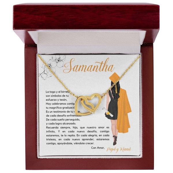 El Regalo Perfecto para Celebrar su Graduación, Collar Corazones Entrelazados con Tarjeta Personalizada Jewelry/InterlockingHearts Acabado en Oro Amarillo de 18 quilates Luxury Box 