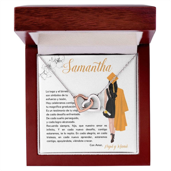 El Regalo Perfecto para Celebrar su Graduación, Collar Corazones Entrelazados con Tarjeta Personalizada Jewelry/InterlockingHearts Acero Inoxidable Pulido &amp; Acabado en Oro Rosa. Luxury Box 