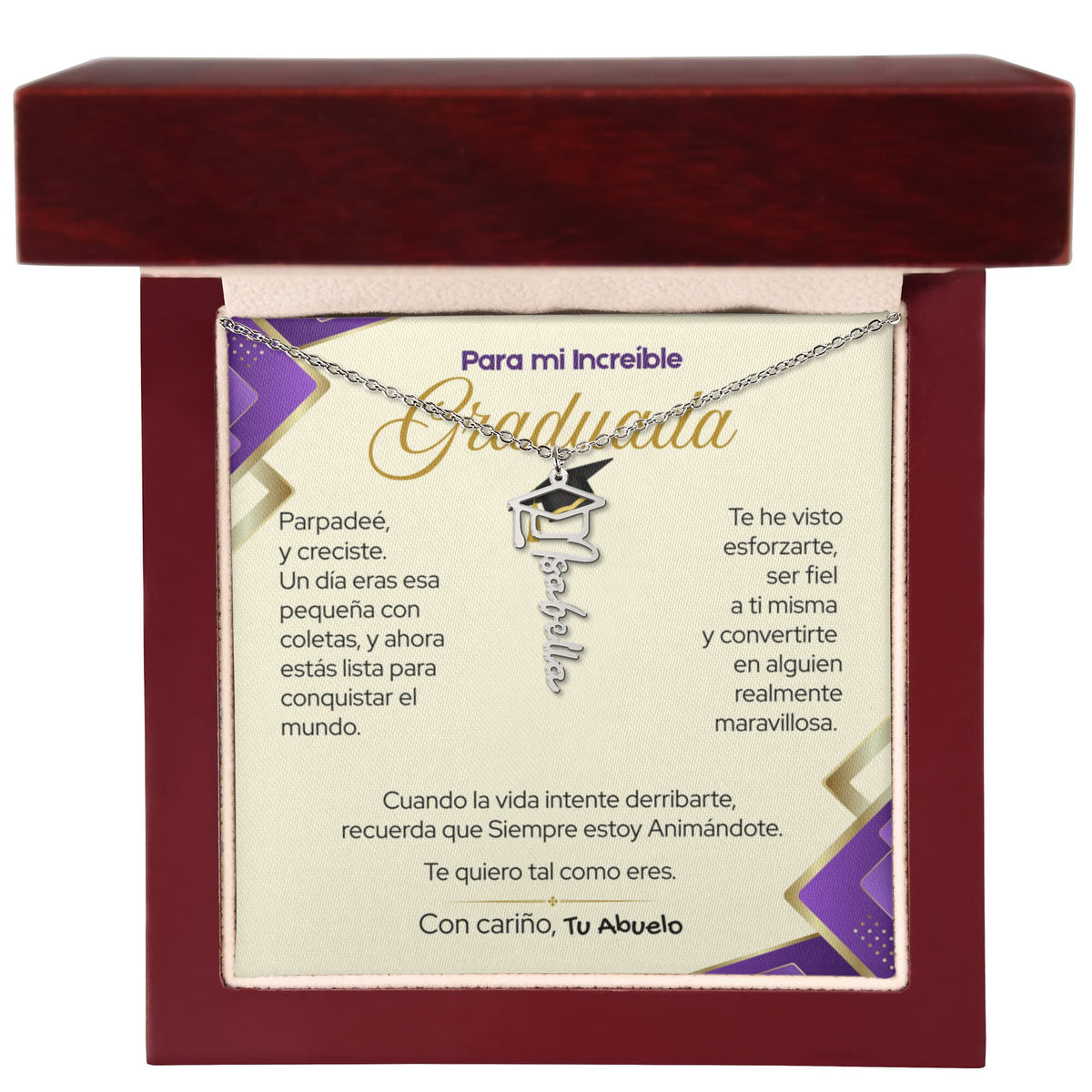 El Regalo que Guarda un Momento Inolvidable - Collar de Graduación para Ella (nieta, hija, hermana, sobrina...) Jewelry/NameNecklace Acero inoxidable pulido Caja de Lujo de Madera Mahogany con luz LED 