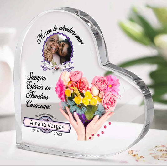 En Memoria de un Ser Querido - Nunca te olvidaremos- Acrílico Cristalino Personalizado con Foto Acrylic/Heart Acrilico 12.5cm x 12.5 cm 