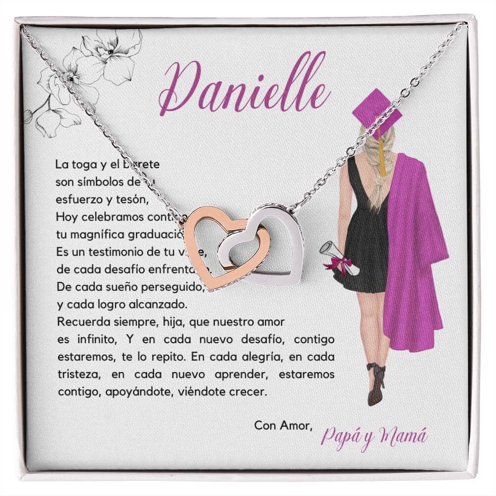Encanto de Graduación: Collar Corazones Entrelazados con Emotiva Tarjeta Jewelry/InterlockingHearts Acero Inoxidable Pulido &amp; Acabado en Oro Rosa. Standard Box 