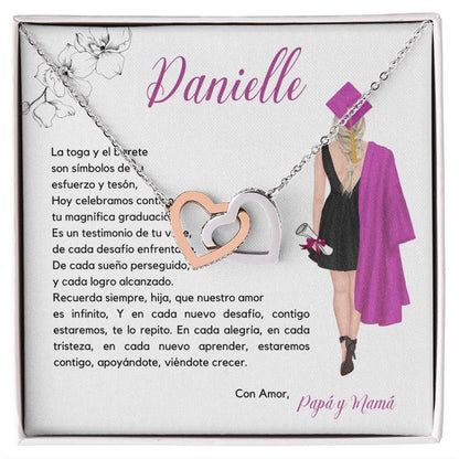 Encanto de Graduación: Collar Corazones Entrelazados con Emotiva Tarjeta Jewelry/InterlockingHearts Acero Inoxidable Pulido &amp; Acabado en Oro Rosa. Standard Box 
