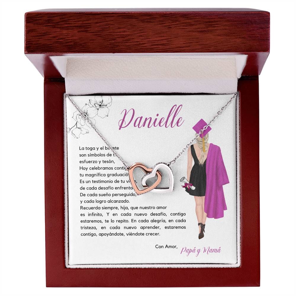 Encanto de Graduación: Collar Corazones Entrelazados con Emotiva Tarjeta Jewelry/InterlockingHearts Acero Inoxidable Pulido &amp; Acabado en Oro Rosa. Luxury Box 