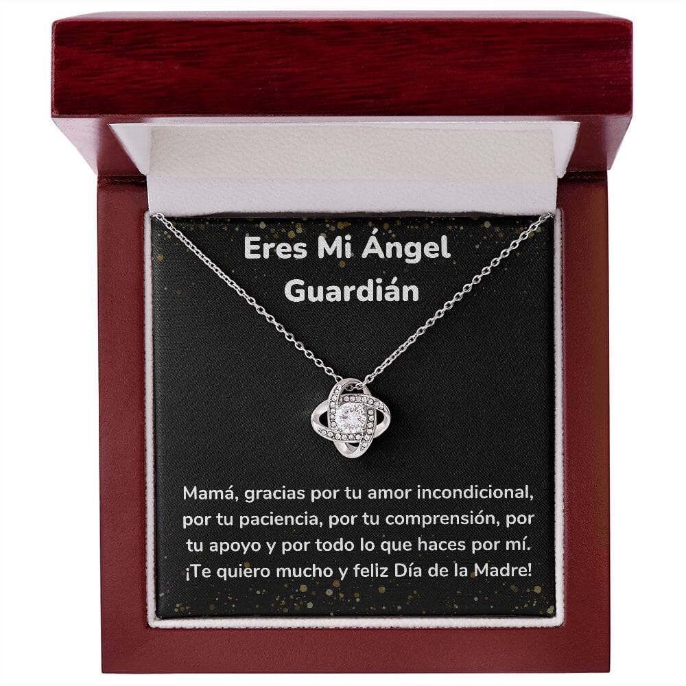Eres Mi Ángel Guardián -Collar para Mamá (Nudo de Amor) Love Knot Jewelry/LoveKnot Acabado en oro blanco de 14 k Caja de Lujo Madera con Luz Led 
