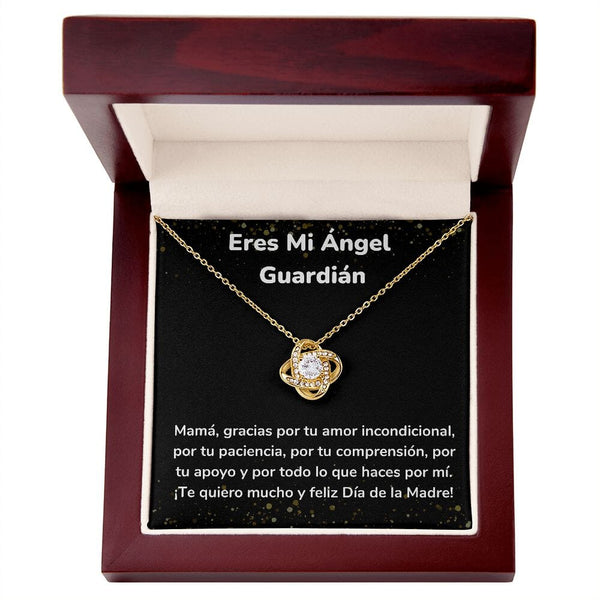 Eres Mi Ángel Guardián -Collar para Mamá (Nudo de Amor) Love Knot Jewelry/LoveKnot Acabado en Oro Amarillo de 18 quilates. Caja de Lujo Madera con Luz Led 