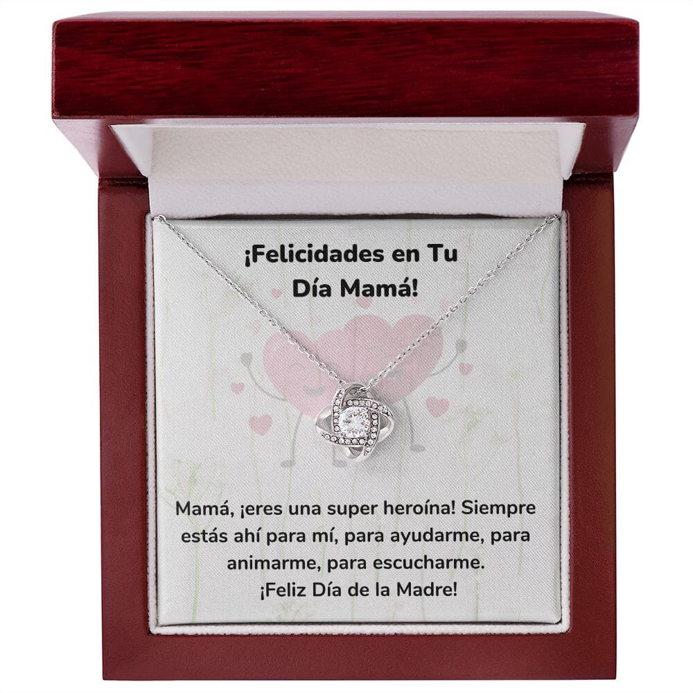 ¡Felicidades en Tu Día Mamá! Collar Para Mamá Nudo de Amor (LoveKnot) Jewelry ShineOn Fulfillment Acabado en oro blanco de 14 k Caja de Lujo Madera Con Luz led 