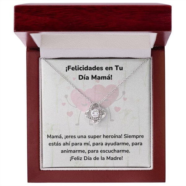 ¡Felicidades en Tu Día Mamá! Collar Para Mamá Nudo de Amor (LoveKnot) Jewelry/LoveKnot Acabado en oro blanco de 14 k Caja de Lujo Madera Con Luz led 