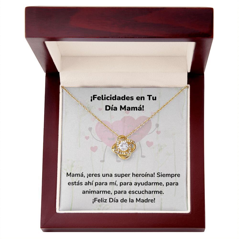 ¡Felicidades en Tu Día Mamá! Collar Para Mamá Nudo de Amor (LoveKnot) Jewelry/LoveKnot Acabado en Oro Amarillo de 18 quilates Caja de Lujo Madera Con Luz led 
