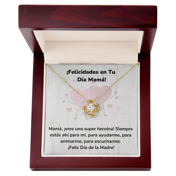 ¡Felicidades en Tu Día Mamá! Collar Para Mamá Nudo de Amor (LoveKnot) Jewelry/LoveKnot Acabado en Oro Amarillo de 18 quilates Caja de Lujo Madera Con Luz led 