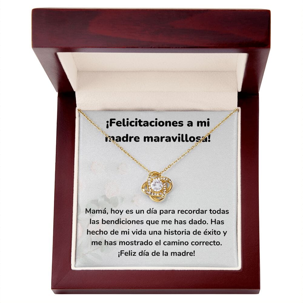 ¡Felicitaciones a mi madre maravillosa! Collar Para Mamá Nudo de Amor (LoveKnot) Jewelry/LoveKnot Acabado en Oro Amarillo de 18 quilates Caja de Lujo Madera Con Luz led 