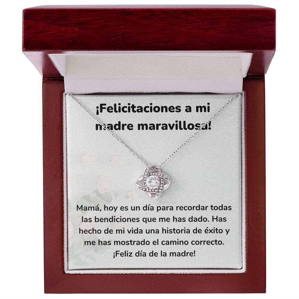 ¡Felicitaciones a mi madre maravillosa! Collar Para Mamá Nudo de Amor (LoveKnot) Jewelry ShineOn Fulfillment Acabado en oro blanco de 14 k Caja de Lujo Madera Con Luz led 