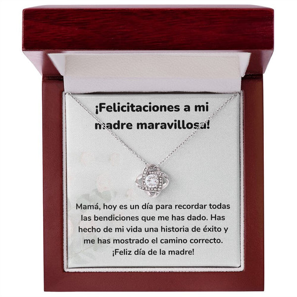 ¡Felicitaciones a mi madre maravillosa! Collar Para Mamá Nudo de Amor (LoveKnot) Jewelry/LoveKnot Acabado en oro blanco de 14 k Caja de Lujo Madera Con Luz led 