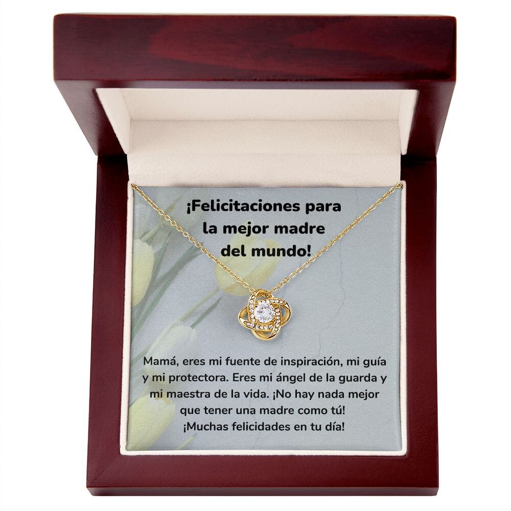 ¡Felicitaciones para la mejor madre del mundo! Collar Para Mamá Nudo de Amor (LoveKnot) Jewelry/LoveKnot Acabado en Oro Amarillo de 18 quilates Caja de Lujo Madera Con Luz led 