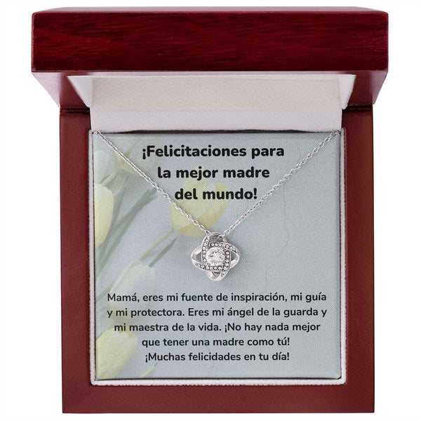 ¡Felicitaciones para la mejor madre del mundo! Collar Para Mamá Nudo de Amor (LoveKnot) Jewelry/LoveKnot Acabado en oro blanco de 14 k Caja de Lujo Madera Con Luz led 