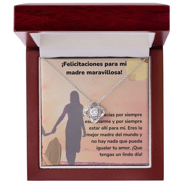 ¡Felicitaciones para mi madre maravillosa! Collar Para Mamá Nudo de Amor (LoveKnot) Jewelry/LoveKnot Acabado en oro blanco de 14 k Caja de Lujo Madera Con Luz led 