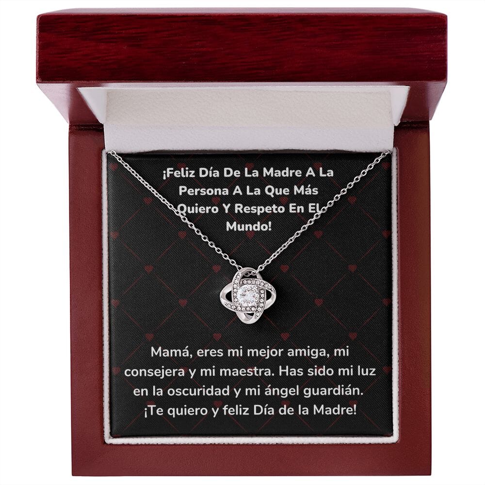¡Feliz Día De La Madre A La Persona A La Que Más Quiero Y Respeto En El Mundo! Collar Para Mamá Nudo de Amor (LoveKnot) Jewelry/LoveKnot Acabado en oro blanco de 14 k Caja de Lujo Madera Con Luz led 