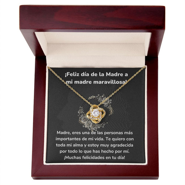 ¡Feliz día de la Madre a mi madre maravillosa! Collar Para Mamá Nudo de Amor (LoveKnot) Jewelry/LoveKnot Acabado en Oro Amarillo de 18 quilates Caja de Lujo Madera Con Luz led 