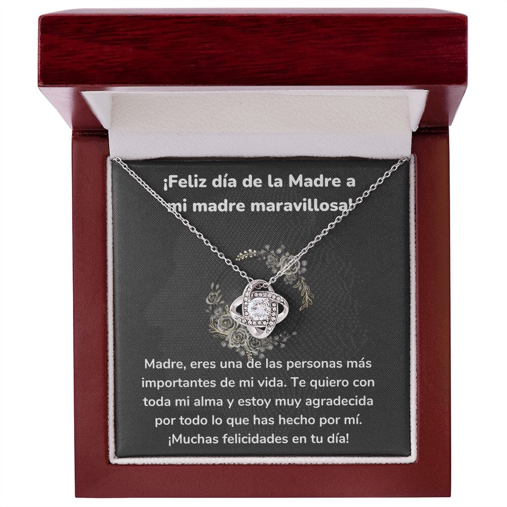 ¡Feliz día de la Madre a mi madre maravillosa! Collar Para Mamá Nudo de Amor (LoveKnot) Jewelry/LoveKnot Acabado en oro blanco de 14 k Caja de Lujo Madera Con Luz led 