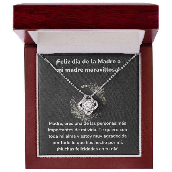 ¡Feliz día de la Madre a mi madre maravillosa! Collar Para Mamá Nudo de Amor (LoveKnot) Jewelry/LoveKnot Acabado en oro blanco de 14 k Caja de Lujo Madera Con Luz led 