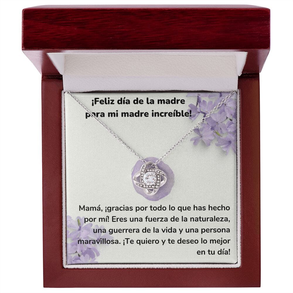 ¡Feliz día de la madre para mi madre increíble! Collar Para Mamá Nudo de Amor (LoveKnot) Jewelry/LoveKnot Acabado en oro blanco de 14 k Caja de Lujo Madera Con Luz led 