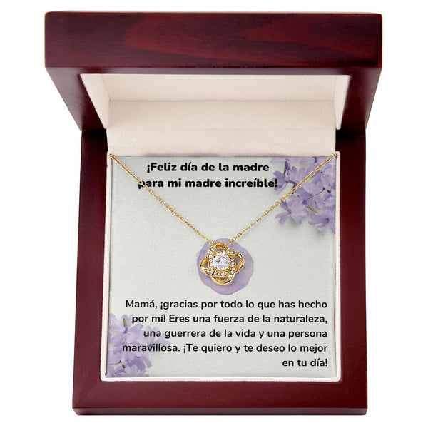 ¡Feliz día de la madre para mi madre increíble! Collar Para Mamá Nudo de Amor (LoveKnot) Jewelry/LoveKnot Acabado en Oro Amarillo de 18 quilates Caja de Lujo Madera Con Luz led 