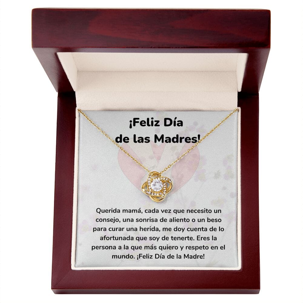 ¡Feliz Día de las Madres! -- Collar Para Mamá Nudo de Amor (LoveKnot) Jewelry/LoveKnot Acabado en Oro Amarillo de 18 quilates Caja de Lujo Madera Con Luz led 