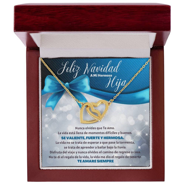 Feliz Navidad a Mi Hermosa Hija - Collar Corazones entrelazados Jewelry/InterlockingHearts Oro Amarillo 18K Cajita de Lujo Madera Con Luz Led 