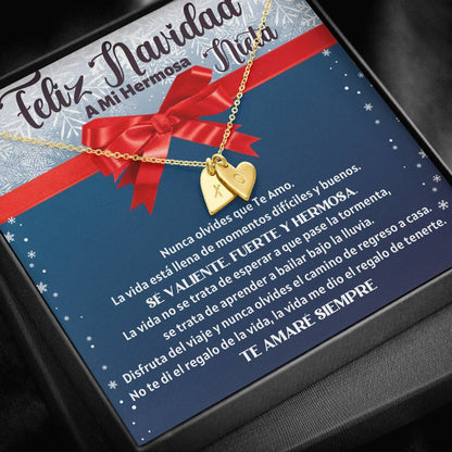 Feliz Navidad a mi Hermosa Nieta - El collar de corazones más dulces Jewelry 18K Yellow Gold Finish - 2 Hearts 