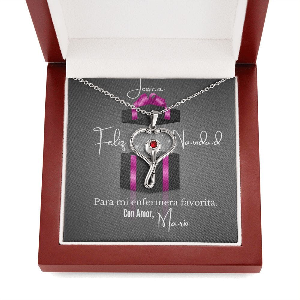 Feliz Navidad para mi enfermera favorita - Collar estetoscopio con cristal Swaroski Rojo Jewelry Caja de Madera de Lujo Mahogany 