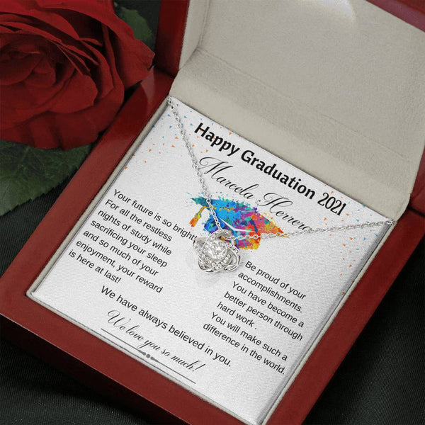 Gift for Daughter - Happy Graduation - Love Knot Necklace with POD Message Card Jewelry ShineOn Fulfillment Caja de Madera de Lujo con Luz Mahogany 