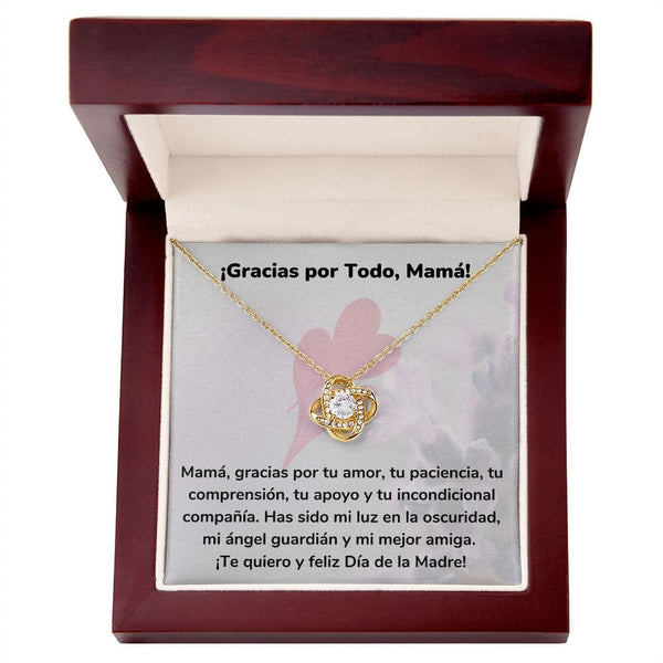 ¡Gracias por Todo, Mamá! Collar Para Mamá Nudo de Amor (LoveKnot) Jewelry/LoveKnot Acabado en Oro Amarillo de 18 quilates Caja de Lujo Madera Con Luz led 