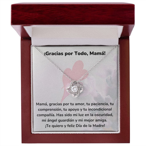 ¡Gracias por Todo, Mamá! Collar Para Mamá Nudo de Amor (LoveKnot) Jewelry/LoveKnot Acabado en oro blanco de 14 k Caja de Lujo Madera Con Luz led 