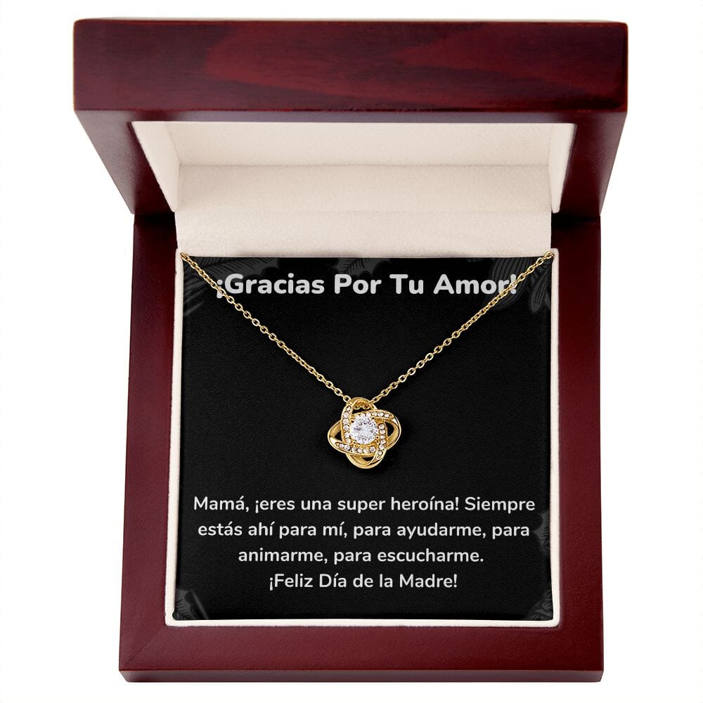 ¡Gracias Por Tu Amor! Collar Para Mamá Nudo de Amor (LoveKnot) Jewelry/LoveKnot Acabado en Oro Amarillo de 18 quilates Caja de Lujo Madera Con Luz led 