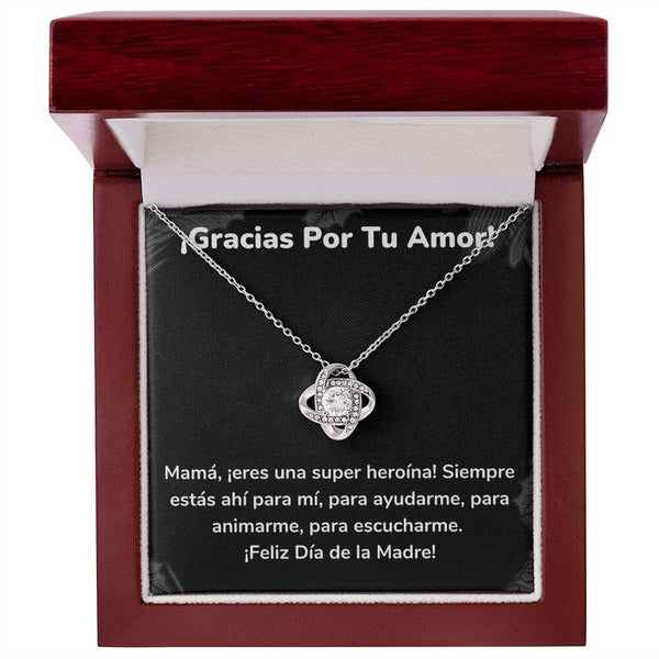 ¡Gracias Por Tu Amor! Collar Para Mamá Nudo de Amor (LoveKnot) Jewelry/LoveKnot Acabado en oro blanco de 14 k Caja de Lujo Madera Con Luz led 