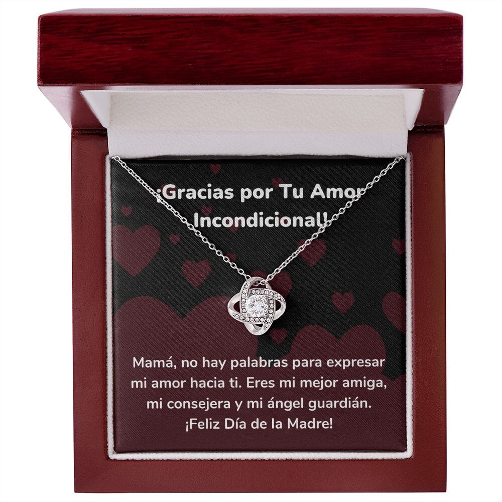 ¡Gracias por Tu Amor Incondicional! Collar Para Mamá Nudo de Amor (LoveKnot) Jewelry/LoveKnot Acabado en oro blanco de 14 k Caja de Lujo Madera Con Luz led 