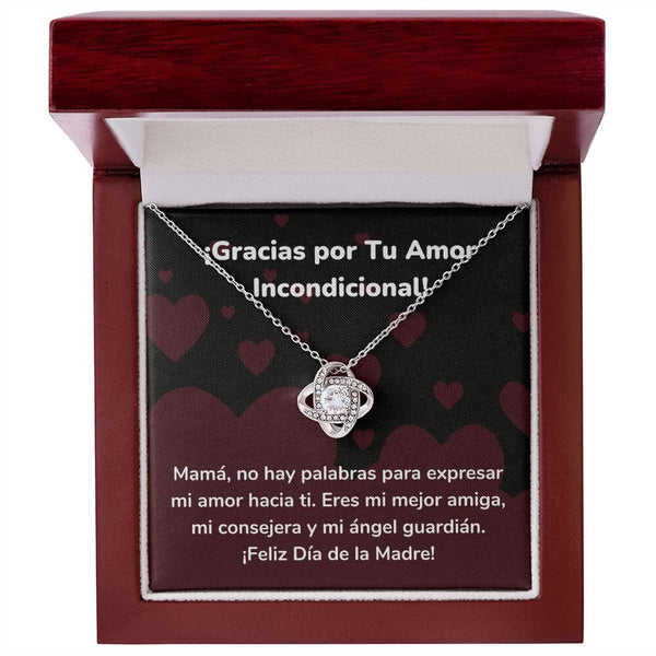 ¡Gracias por Tu Amor Incondicional! Collar Para Mamá Nudo de Amor (LoveKnot) Jewelry/LoveKnot Acabado en oro blanco de 14 k Caja de Lujo Madera Con Luz led 