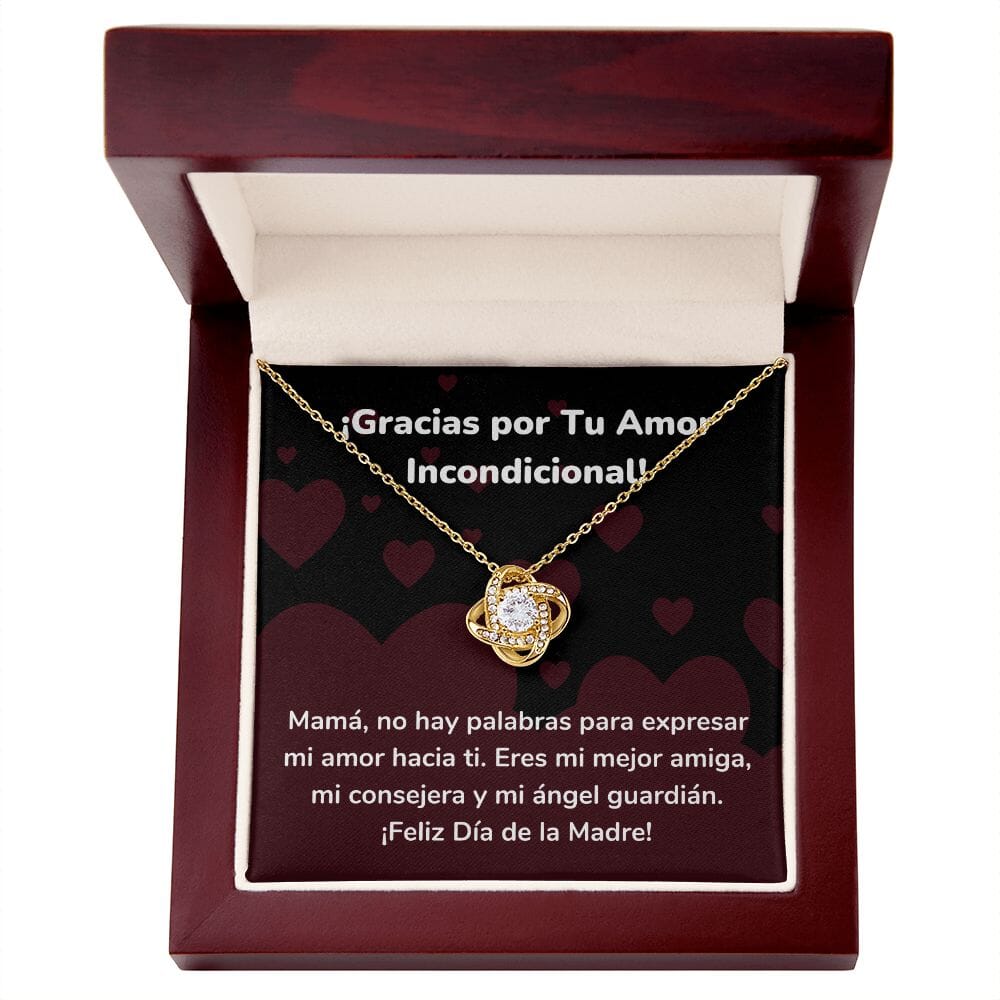 ¡Gracias por Tu Amor Incondicional! Collar Para Mamá Nudo de Amor (LoveKnot) Jewelry/LoveKnot Acabado en Oro Amarillo de 18 quilates Caja de Lujo Madera Con Luz led 