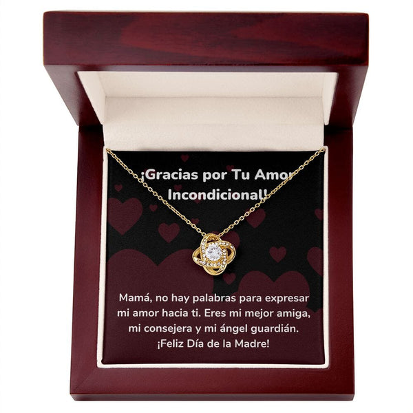¡Gracias por Tu Amor Incondicional! Collar Para Mamá Nudo de Amor (LoveKnot) Jewelry/LoveKnot Acabado en Oro Amarillo de 18 quilates Caja de Lujo Madera Con Luz led 