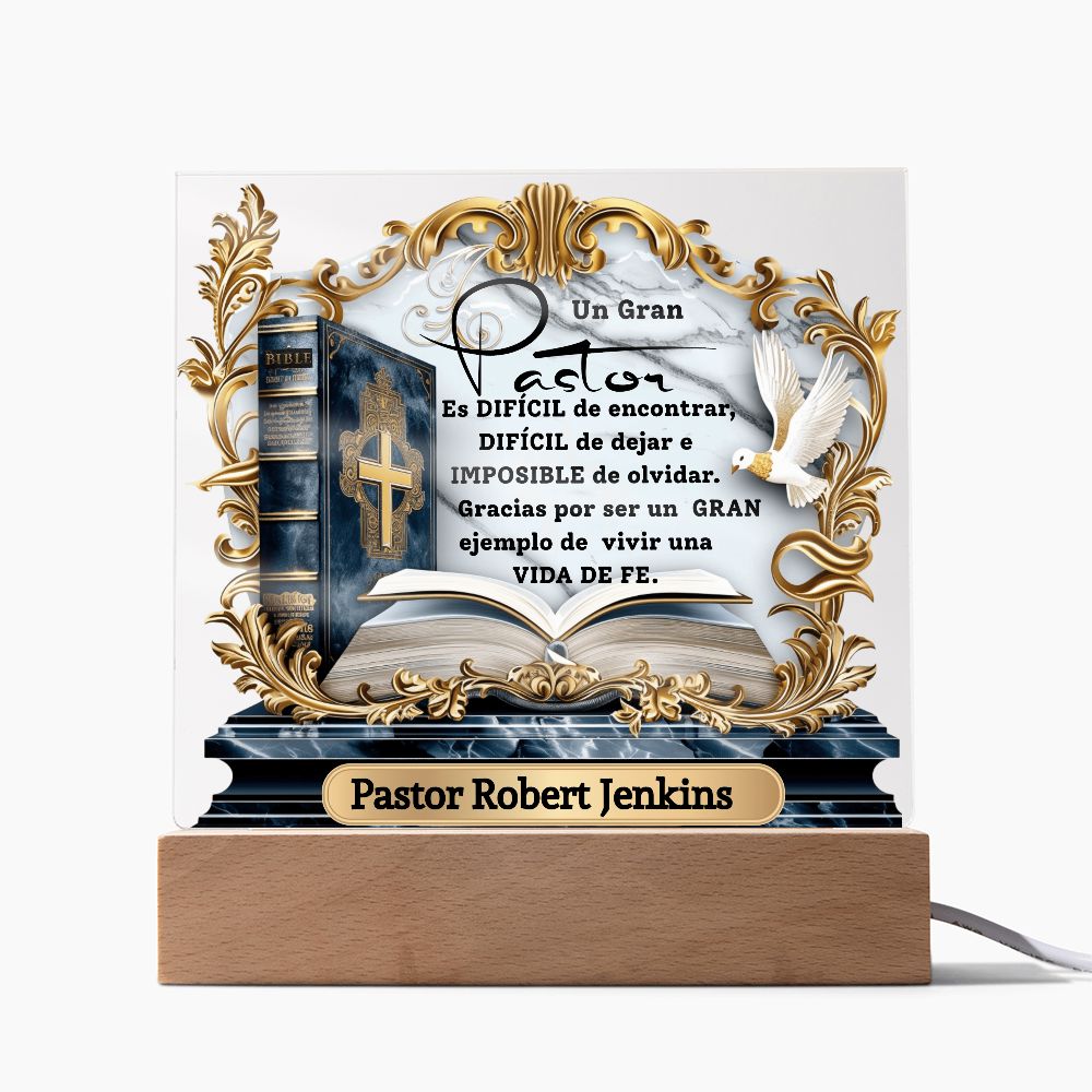 Homenaje al Pastor que Marcó Tu Vida – Placa de Acrílica con Luz Acrylic/Square Madera LED. Cable USB 