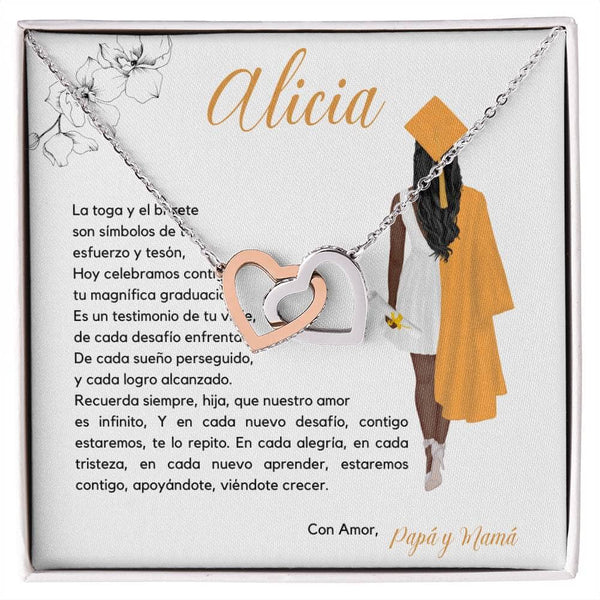 Legado de Amor y Éxito: Collar Corazones Entrelazados con Tarjeta Personalizada Jewelry/InterlockingHearts Acero Inoxidable Pulido &amp; Acabado en Oro Rosa. Standard Box 