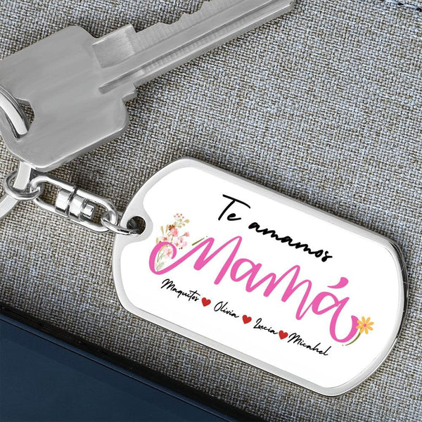 Llavero Personalizado para Mamá con Nombres de los Hijos, Día de las Madres Jewelry Placa de identificación con llavero giratorio (acero) 