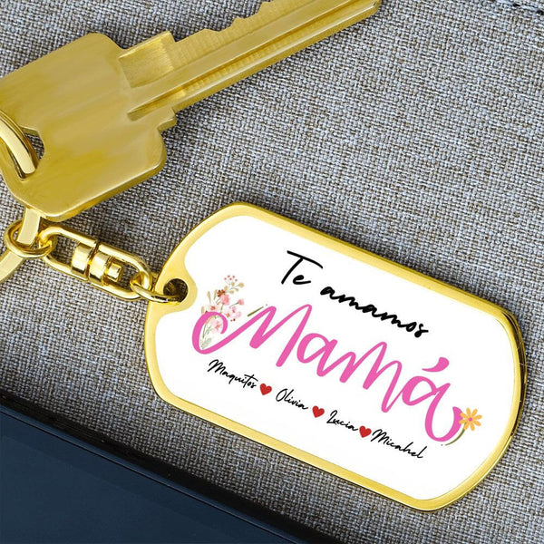 Llavero Personalizado para Mamá con Nombres de los Hijos, Día de las Madres Jewelry Placa de identificación con llavero giratorio (dorado) 
