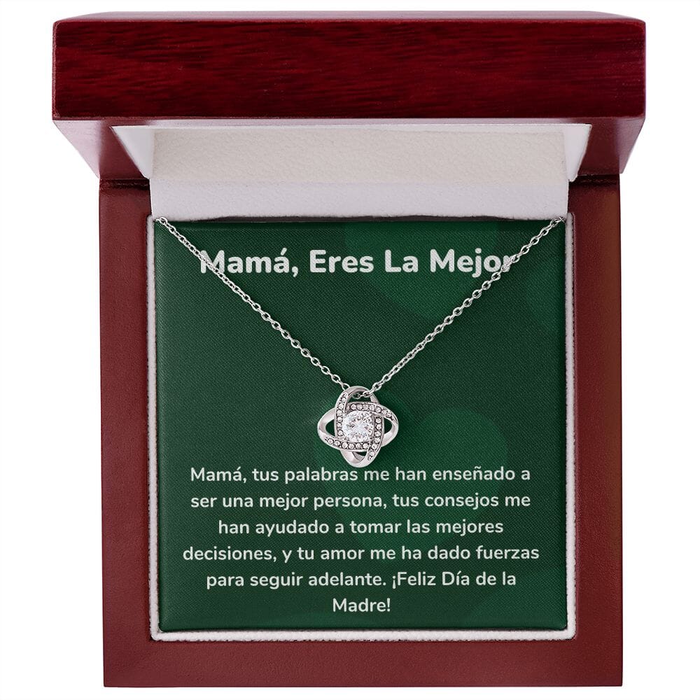 Mamá, Eres La Mejor Collar Para Mamá Nudo de Amor (LoveKnot) Jewelry/LoveKnot Acabado en oro blanco de 14 k Caja de Lujo Madera Con Luz led 