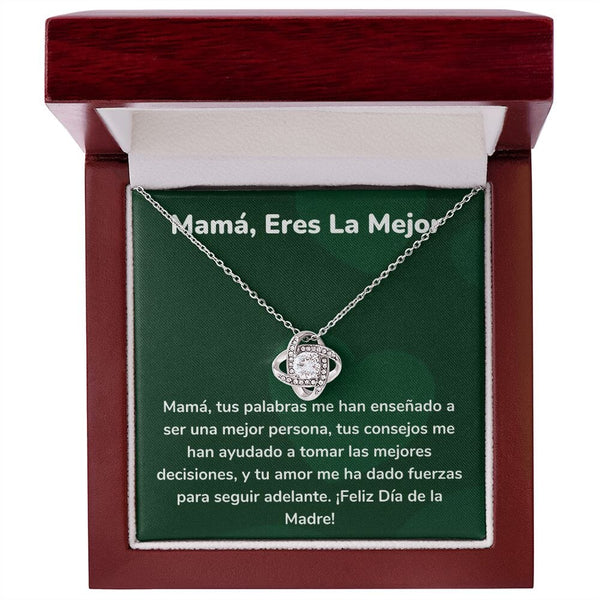 Mamá, Eres La Mejor Collar Para Mamá Nudo de Amor (LoveKnot) Jewelry/LoveKnot Acabado en oro blanco de 14 k Caja de Lujo Madera Con Luz led 