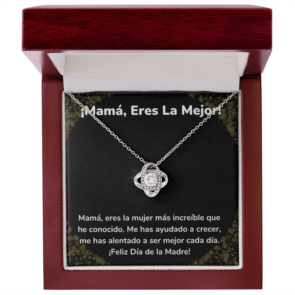 ¡Mamá, Eres La Mejor! Collar Para Mamá Nudo de Amor (LoveKnot) Jewelry/LoveKnot Acabado en oro blanco de 14 k Caja de Lujo Madera Con Luz led 