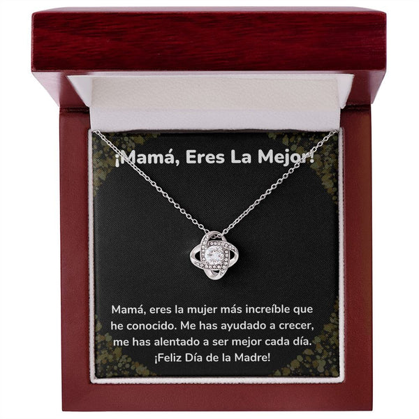 ¡Mamá, Eres La Mejor! Collar Para Mamá Nudo de Amor (LoveKnot) Jewelry/LoveKnot Acabado en oro blanco de 14 k Caja de Lujo Madera Con Luz led 