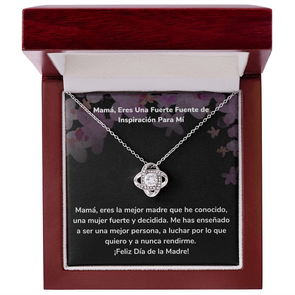Mamá, Eres Una Fuerte Fuente de Inspiración Para Mí Collar Para Mamá Nudo de Amor (LoveKnot) Jewelry/LoveKnot Acabado en oro blanco de 14 k Caja de Lujo Madera Con Luz led 