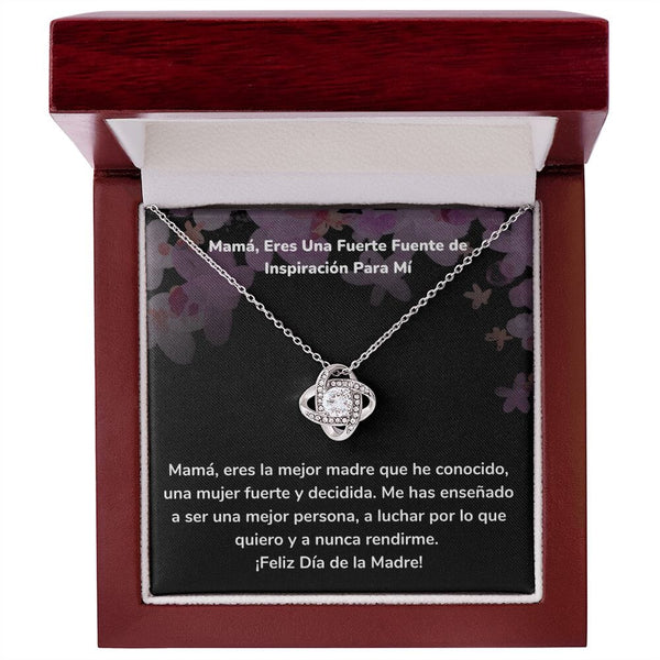 Mamá, Eres Una Fuerte Fuente de Inspiración Para Mí Collar Para Mamá Nudo de Amor (LoveKnot) Jewelry/LoveKnot Acabado en oro blanco de 14 k Caja de Lujo Madera Con Luz led 